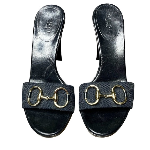 Gucci Black GG Monogram Logo Canvas Horsebit Slide Sandals Heels 8 US / 38 EU - Picture 2 of 7